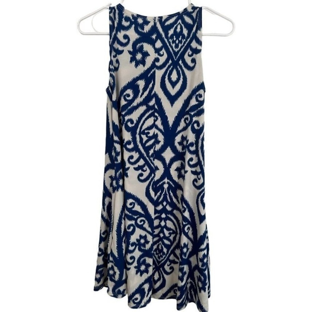 Cezanne Blue White Ikat Damask Sleeveless Swing Dress with Pockets Small